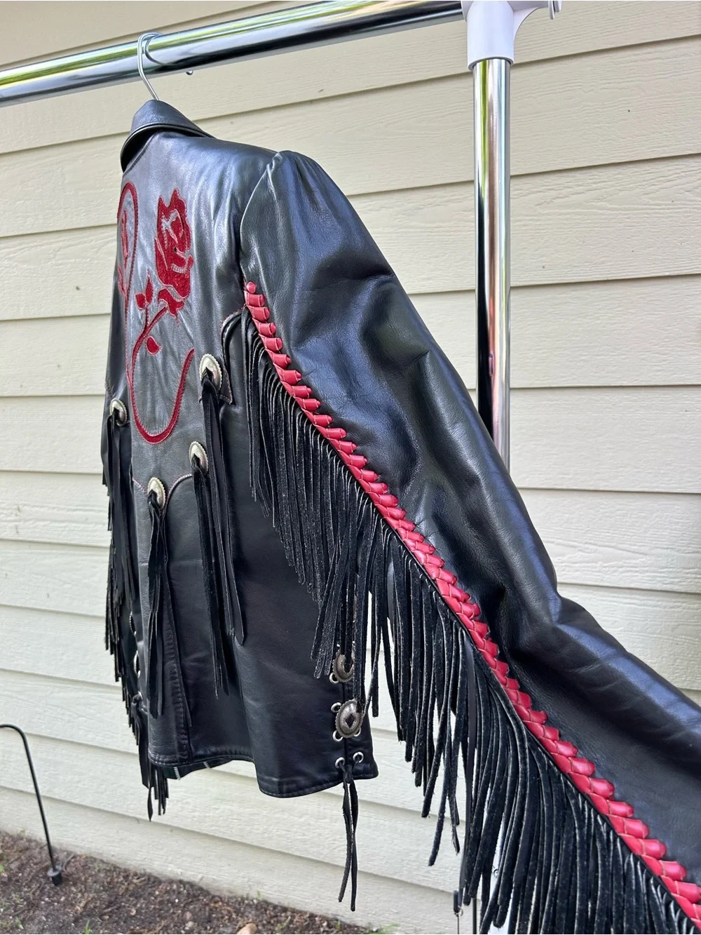 Black Leather Jacket with Red Embroidered Accents - Picture 4 of 6